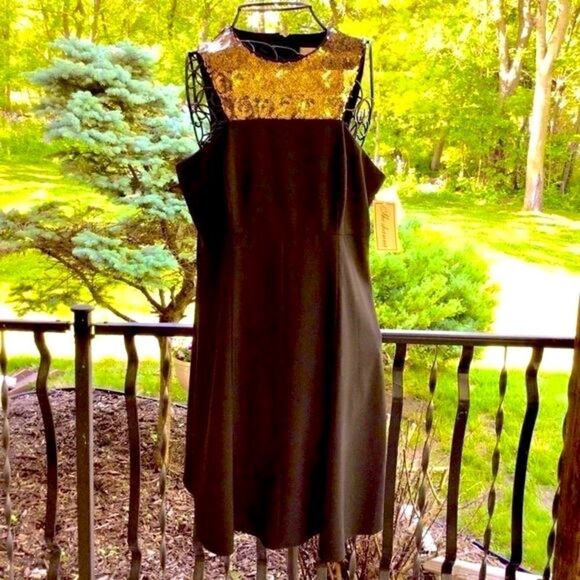 SHOSHANNA BLACK A-LINE SLEEVELESS GOLD EMBELLISHED YOKE SEQUIN DRESS 10 NWT - Picture 5 of 16